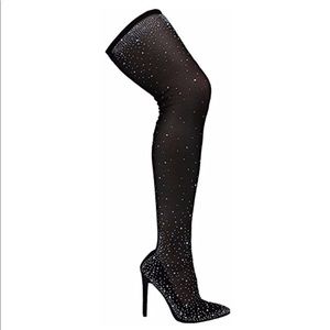 Thigh High Rhinestone Boot Heels black